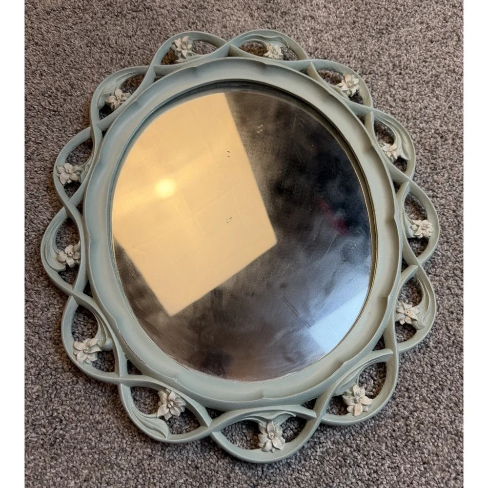Vintage Light Blue Syroco Wood Oval Mirror Pink Flowers Syracuse NY 13